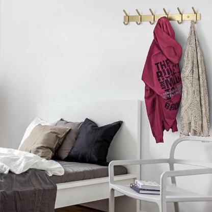Brushed Gold Wall Mounted Coat Rack – 17 Inch Stainless Steel Rail with 6 Double Coat Hooks for Entryway, Bathroom, Bedroom, Kitchen – Modern Gold Hook Rack for Coats, Hats, Towels
