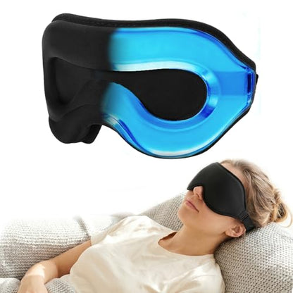 3D Contoured Sleep Mask with Reusable Hot Cold Gel Insert, Black Zero Pressure Memory Foam Light Blocking Eye Cover, Adjustable Strap Travel Nap Eye Mask for Adult Daily Rest