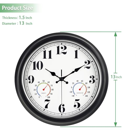 45MinST 13-Inch Vintage Outdoor Wall Clock with Thermometer and Hygrometer, Waterproof, Large Numbers, Silent, for Indoor and Outside Use,Porch,Garden,Pool(Black Frame with Silver Trim)