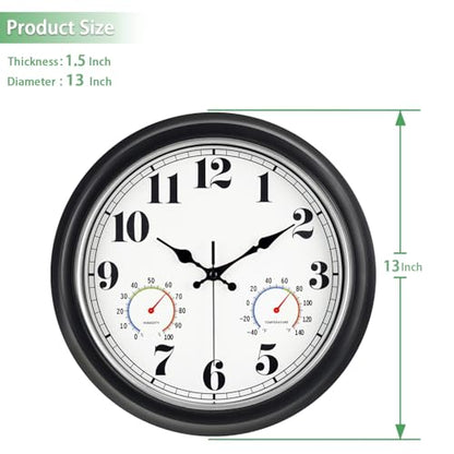 45MinST 13-Inch Vintage Outdoor Wall Clock with Thermometer and Hygrometer, Waterproof, Large Numbers, Silent, for Indoor and Outside Use,Porch,Garden,Pool(Black Frame with Silver Trim)