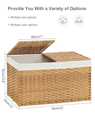 Storage Basket with Lid Rattan Woven Storage Baskets with 2 Separate Lids, 17.2 Gallon (65 L), 22 x 13 x 13.8 Inches,Foldable, 2 Removable Liner Bags Handles for Bedroom, Laundry Room Natural