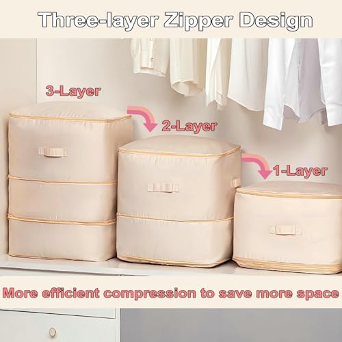 Comforter Storage Bag, Bedding & Blanket Self Compression Storage Organizer | Compression Storage Bag for Blanket Storage, 3-Layer Thick Satin Fabric Heavy Duty Bags for Pillow Duvet (Gray, XL)