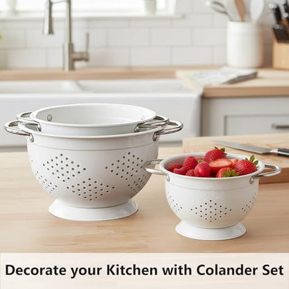Colander Set for Kitchen, 1.5, 3, 5 Qt Food Strainers and Colanders | Stainless Steel Handle,Strainers and Colanders For Pasta, Vegetables, and Fruits, Coated Metal, Kitchen Essential