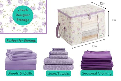 Canvas Storage Bags Designer Organizer 2 Pack – Seasonal Storage for Sweaters, Blankets, Linens & Garments – Foldable Design with Zip & Window (Purple Floral Print)