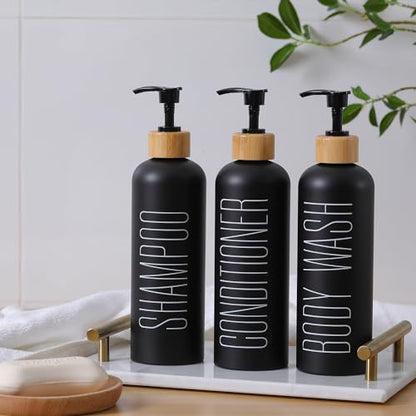 16oz 3-Pack Refillable Black Bathroom Shower Set - Empty Bottles with Pump for Shampoo, Conditioner, or Body Wash