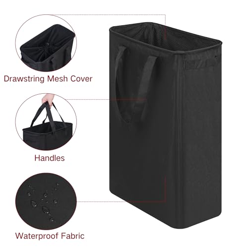 efluky Slim Laundry Basket, Narrow Laundry Hamper with Handles, Collapsible Dirty Clothes Hamper, Tall Laundry Bin for Laundry Room, Dorm and Bedroom, 12.7 Gallons(48L) Black