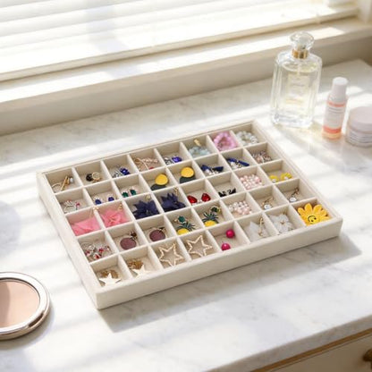 Stratalife 40 Grid Velvet Jewelry Organizer Tray, 13.8" x 9.4" x 1.2" | Stackable Drawer Earring Organizer with Adjustable Dividers, Jewelry Display Tray for Necklace Earring Ring Studs, Beige