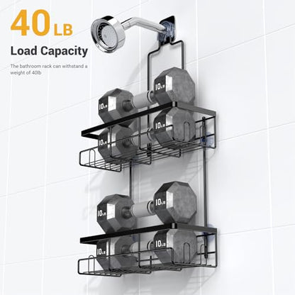 Hanging Shower Caddy Over Showerhead - Rustproof No Drill Shower Organizer | Includes Soap Holder and Hooks for Shampoo, Conditioner, and Bathroom Essentials with Quick Drainage Design