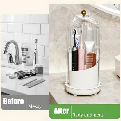 JEESA Dustproof Toothbrush Holder Organizer with Drainage, White | Sliding Door Cover, 360 Rotating, 3 Slots, Bathroom Countertop