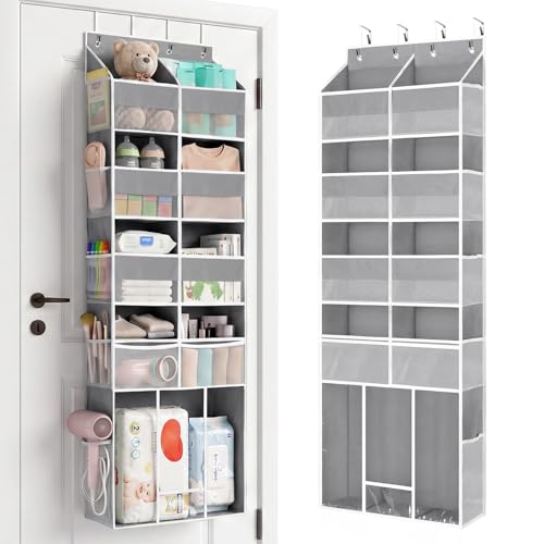 Yecaye Over the Door Organizer 5-Shelf, Behind the Door Storage 80lbs Capacity with Extra Large Pocket, Back of Door Organizer and Storage for Baby Nursery Bedroom Dorm Bathroom RV, Grey