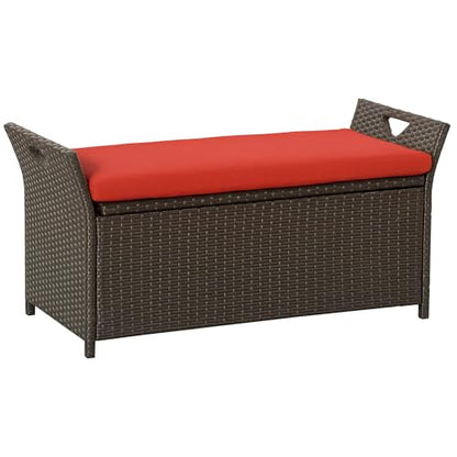Outsunny 29 Gallon Patio Wicker Storage Bench Outdoor PE Rattan Red | Furniture, 2-In-1 Large Capacity, Rectangle Garden Storage Box, Handles, Cushion