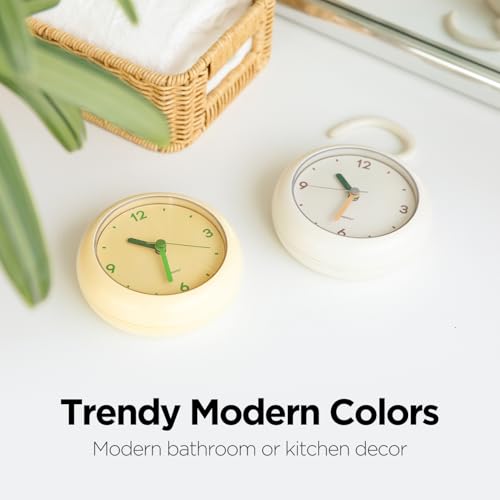 mooas Marshmallow Silent Bathroom Clock, Battery Operated (Ivory) | Silent Non-Ticking Bathroom Clock, Splash-Proof, Stand/Hook/Suction, Kitchen, Bathroom