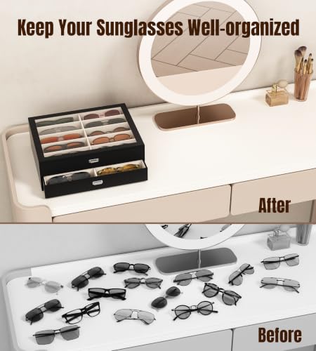 NEWLOOP Sunglass Drawer Storage Display Box for Multiple Pairs of Eyeglass | PVC Top Storage Box Women Men Jewelry Holder Leather Eyeglass Stand Eyewear Collection Case 2 Layer with 20 Slots Black