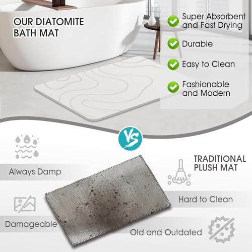 Stone Bath Mat Diatomaceous Earth Shower Mat Non-Slip Super Absorbent Diatomite Stone Mats for Bathroom Floor/Ktichen Cuonter Quick-Drying Easy to Clean (24''*16''White)