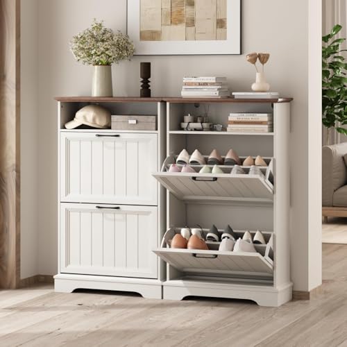 24" W Hidden Shoe Storage Cabinet with 2 Flip Drawers & Open Storage | Farmhouse Modern Shoes Rack Cabinet,Adjustable Shelves, Narrow Slim Shoes Organizer for Entryway,Foyer,Hallway,Antique White