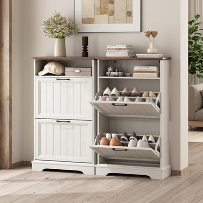 24" W Hidden Shoe Storage Cabinet with 2 Flip Drawers & Open Storage | Farmhouse Modern Shoes Rack Cabinet,Adjustable Shelves, Narrow Slim Shoes Organizer for Entryway,Foyer,Hallway,Antique White