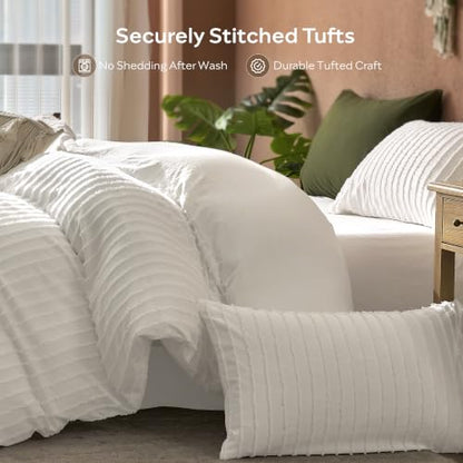 JELLYMONI White Striped Tufted Duvet Cover Set King Size | Soft Breathable, Cotton-Like Feel, Storage Bag, 8 Corner Ties & Hidden Zipper, Oeko-Tex Certified