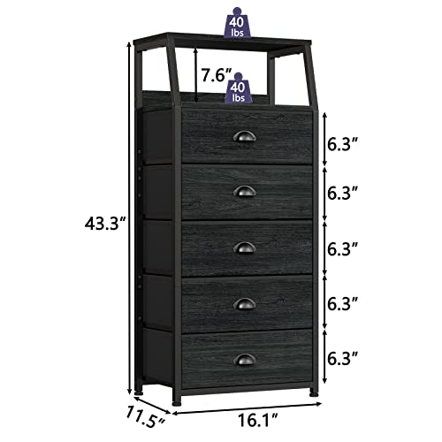 Black Dresser for Bedroom, Fabric Dorm Tall Nightstand | 5 Drawers Chests of drawers, Closet Organizer, Bedside Table Furniture for Living Room, Sturdy Steel Frame, Wood Top
