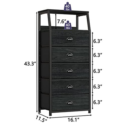Black Dresser for Bedroom, Fabric Dorm Tall Nightstand | 5 Drawers Chests of drawers, Closet Organizer, Bedside Table Furniture for Living Room, Sturdy Steel Frame, Wood Top