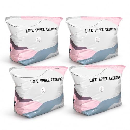 4Pcs No Pump Vacuum Storage Bags, Large Better Life Space Bags Cube Capacity Vacuum Bags for Clothes Bedding Comforters Off‑Season Gear (Pink white)