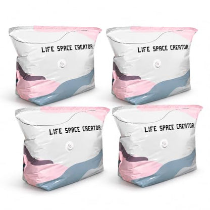 4Pcs No Pump Vacuum Storage Bags, Large Better Life Space Bags Cube Capacity Vacuum Bags for Clothes Bedding Comforters Off‑Season Gear (Pink white)