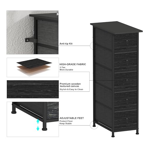 GiftGo Narrow Dresser Vertical Slim Dresser Chest of Drawers Skinny Storage Tower for Small Spaces Gaps Closet Bedroom Bathroom Small Fabric Drawer Unit (Charcoal Black, 5 Drawers)