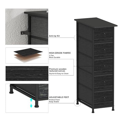 GiftGo Narrow Dresser Vertical Slim Dresser Chest of Drawers Skinny Storage Tower for Small Spaces Gaps Closet Bedroom Bathroom Small Fabric Drawer Unit (Charcoal Black, 5 Drawers)