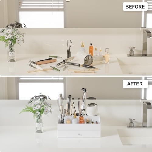 Hair Tool Organizer, Acrylic Hair Blow Dryer Holder Stand for Straightener and Curling Storage, Bathroom Vanity Countertop Organization for Makeup Accessories (White)
