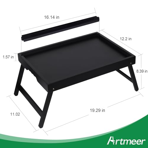 Artmeer Bamboo Bed Tray Table with Device Slot, Folding Legs, Large, Black | FSC-certified bamboo bed tray with folding legs, device slot and handles for meals, laptops, reading and serving in bed.