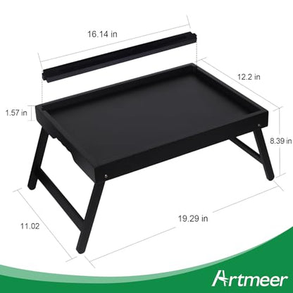 Artmeer Bamboo Bed Tray Table with Device Slot, Folding Legs, Large, Black | FSC-certified bamboo bed tray with folding legs, device slot and handles for meals, laptops, reading and serving in bed.