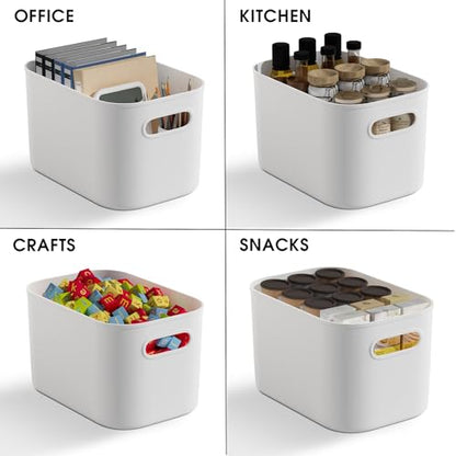 ORGIDOL 10 Pack White Plastic Storage Bins, Storage Container for Organizing, Storage Boxes with Handle for Shelves, Cute Organizer Bins for Craft, Snacks, Pantry, Cabinet, 9.69x6.7x5.7 inch