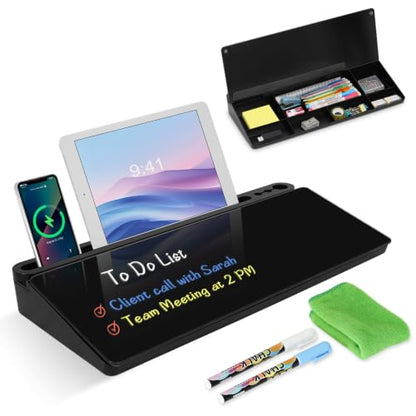 Desktop Glass Whiteboard with Storage, Desk Board with Computer Keyboard Stand, White Dry Erase Board with Drawers for Home, School, Office Desk Organizers and Accessories - Black