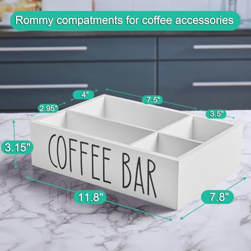 ALELION White Coffee Station Organizer with Removable Dividers – Wooden Coffee Bar Countertop Organizer for Pods, Stirrers, Sugar Packets & Lids, Kitchen, Office, Café Use