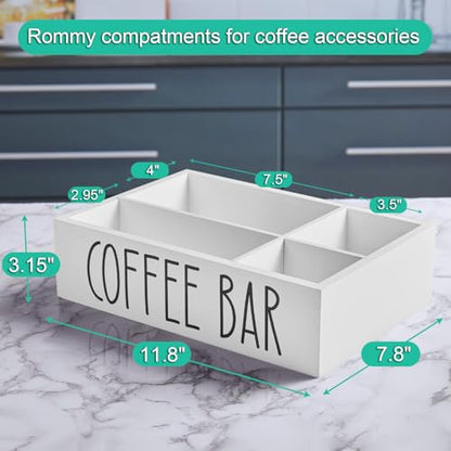ALELION White Coffee Station Organizer with Removable Dividers – Wooden Coffee Bar Countertop Organizer for Pods, Stirrers, Sugar Packets & Lids, Kitchen, Office, Café Use