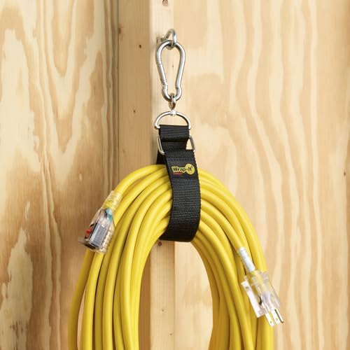 Hook 'n Hang Wrap-It Storage Straps - 18" (2-Pack) Black | Carabiner Straps to use as an Extension Cord Holder with Hooks