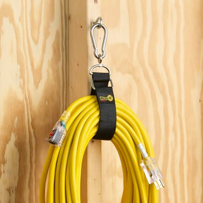 Hook 'n Hang Wrap-It Storage Straps - 18" (2-Pack) Black | Carabiner Straps to use as an Extension Cord Holder with Hooks