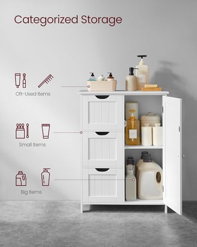 VASAGLE Floor Storage Cabinet, Freestanding Storage Unit with 3 Drawers, 1 Adjustable Shelf, for Bathroom Living Room Dining Kitchen, 11.8 x 23.6 x 31.5 Inches, Cloud White UBBC049WH01S