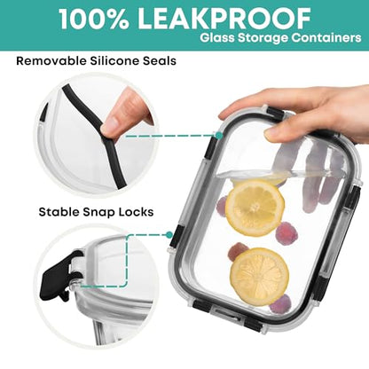 Razab 30 PC Glass Food Storage Containers with Lids - Reusable Glass Meal Prep Containers for Lunch and Leftovers - Airtight & Leakproof Snap Locking Lids - Oven, Freezer, Microwave, Dishwasher Safe