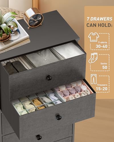 Mifuro Tall Fabric Dresser for Bedroom, Vertical Storage Organizer Tower with 7 Drawers, Chest of Drawers with Bins, Steel Frame, Wood Top for Bedroom, Closet, Entryway Grey