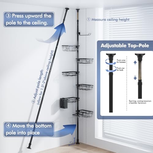 Shower Caddy Organizer Tension Pole, Corner Shower Shelves Bathroom Storage | 6 Tier Shelf, Rustproof 30-120’’ Adjustable, Towel Bar&Soap Dish for Bathroom Organizers, Shower Rack for Inside Shower,Black