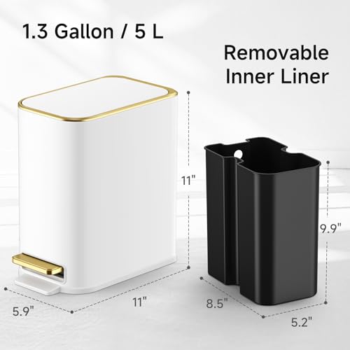 TIPGO Small Bathroom Trash Can with Lid Soft Close, Step Pedal, 5 Liter / 1.3 Gallon Stainless Steel Trash Bin, Slim Garbage Cans for Toilet, Office, Bedroom (White)