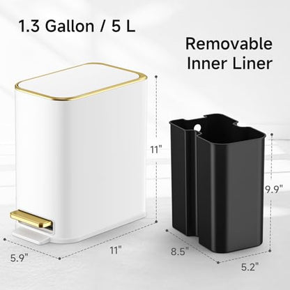TIPGO Small Bathroom Trash Can with Lid Soft Close, Step Pedal, 5 Liter / 1.3 Gallon Stainless Steel Trash Bin, Slim Garbage Cans for Toilet, Office, Bedroom (White)