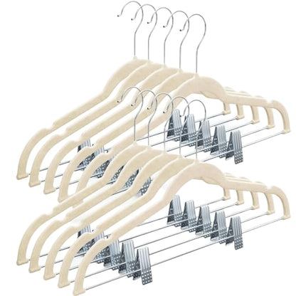 Home-it 10 Pack Velvet Hangers with Clips - Ivory Pants & Skirt Hangers - Ultra Thin No Slip Space-Saving for Pants, Skirts, Coats, Dresses, Tank Tops, Clothes