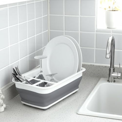 Collapsible Dish Drying Rack, Foldable Dinnerware Drainer Organizer | Space-saving plastic kitchen storage organizer. Compact folding dish drainboard perfect for RVs, camping & small countertops.