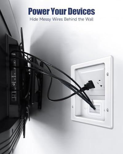 Wall Cable Concealer Kit, in Wall Cable Management Kit for TV, Recessed Outlet with Cable Management Box, in Wall Power Kit Hides TV Cords and Cables, Fits All Plugs, White