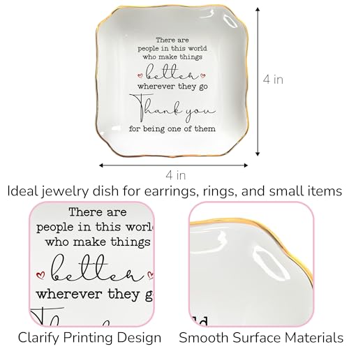 Thank You Gifts for Women, Retirement Gifts - 4x4 Ceramic Dish Tray | Retirement Gift for Woman, Ring Dish for Women, Appreciation Decor, Gold Trim Design, Polished Finish, Ready to Gift