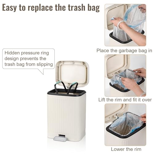 Small Bathroom Trash Can with Lid, 2.1 Gallon Soft Close Step Can, Cream | Slim Garbage Can with Pedal for Office, Bedroom & Kitchen, Narrow Plastic Waste Bin Container for Small Spaces