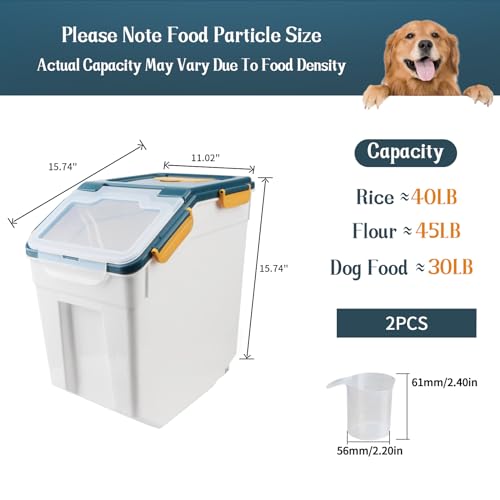 2 Pack Rice Storage Container with Measuring Cup 50 lb Flour Storage Container with Wheels, BPA Free Food Storage Container Dog Cat Food Bin Set for Dry Food Sugar, Cereal(Blue)