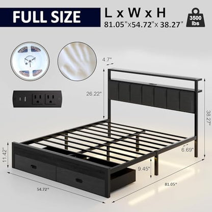 Full Bed Frames with Storage Drawer, Platform Bed with Charging Station and LED Lights, Upholstered Headboard with 2-Tier Storage Shelves, No Box Spring Needed