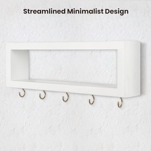 Lwenki Wall Shelf with Hooks - Decorative Key and Wallet Holder for Wall Holds Sunglasses, Leashes, Scarves and Lanyards - 15.7" x 5.1" x 2.9" Entryway Organizer Made of Paulownia Wood (White)